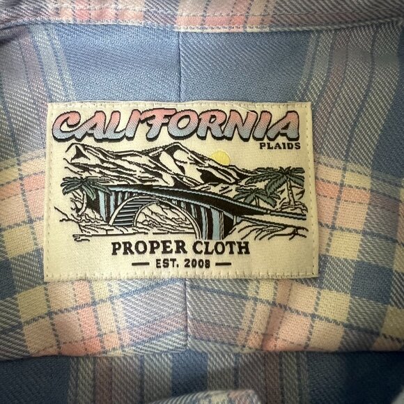 $165 Proper Cloth California Plaid Shirt XL Faded Blue Pink Rose 100% Cotton - Picture 2 of 9